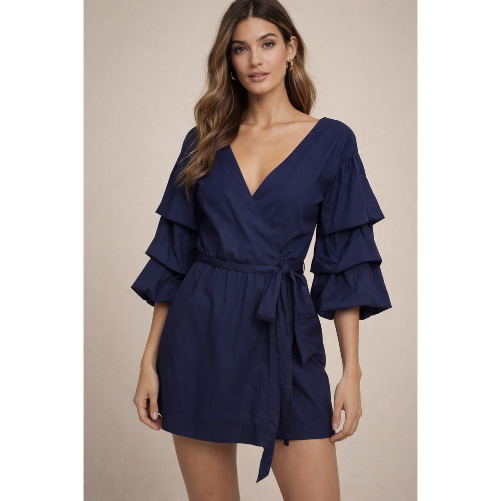 Club Monaco Navy Blue Tiered Ruffle Sleeve Wrap Mini Dress Size 00